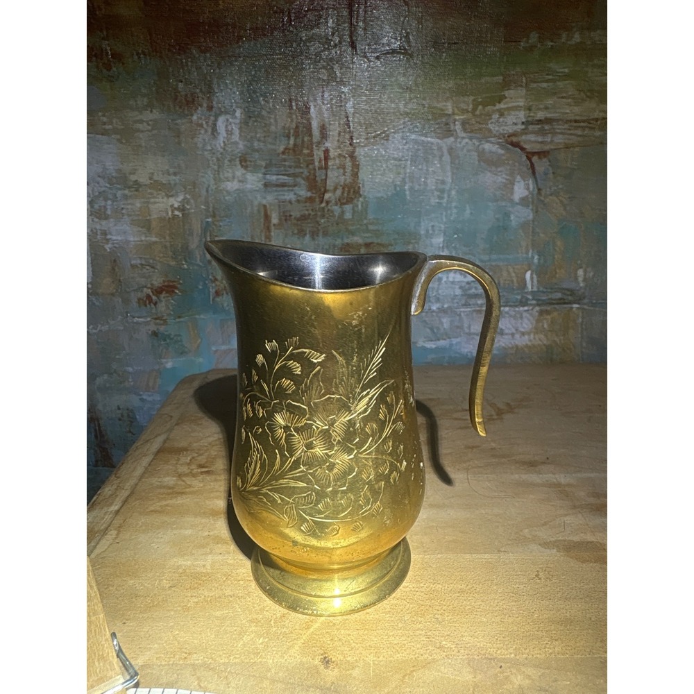 Vintage Etched Brass Floral Pitcher Tin Lined Decorative Gold Jug‎ 5 Inch
